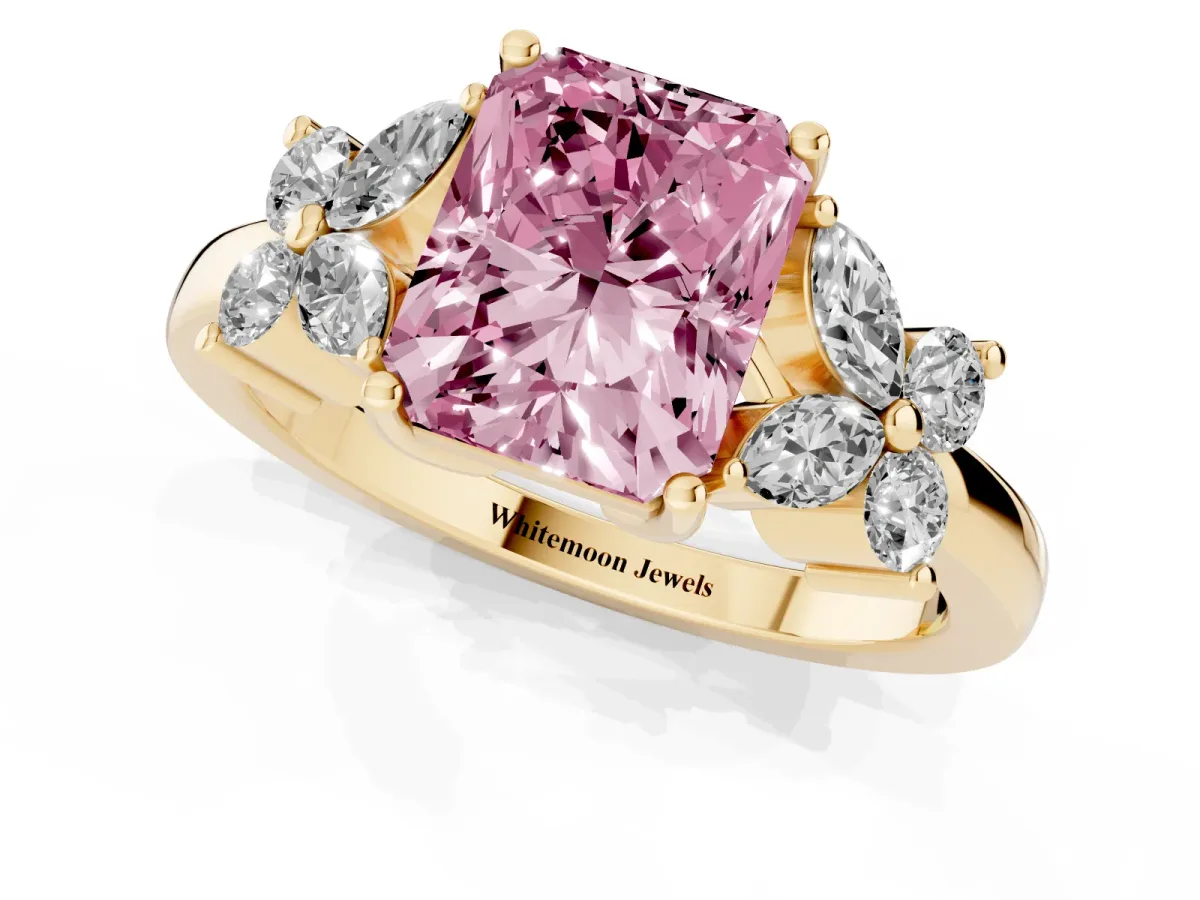 Fancy Pink Radiant Cut Diamond Floral Cluster Ring with Solitaire Band and Prong Setting Yellow gold