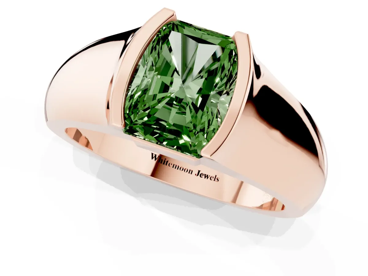 Fancy Green Radiant Cut Solitaire Bezel Set Diamond Ring with Wide Band Rose gold