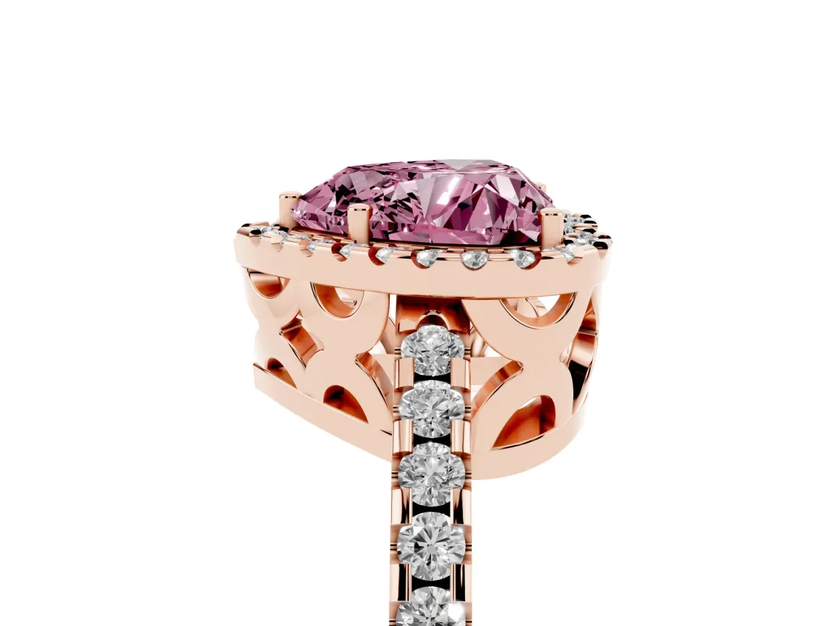 Fancy Pink Heart Cut Diamond Halo Engagement Ring with Pavé Band and Prong Setting Rose gold