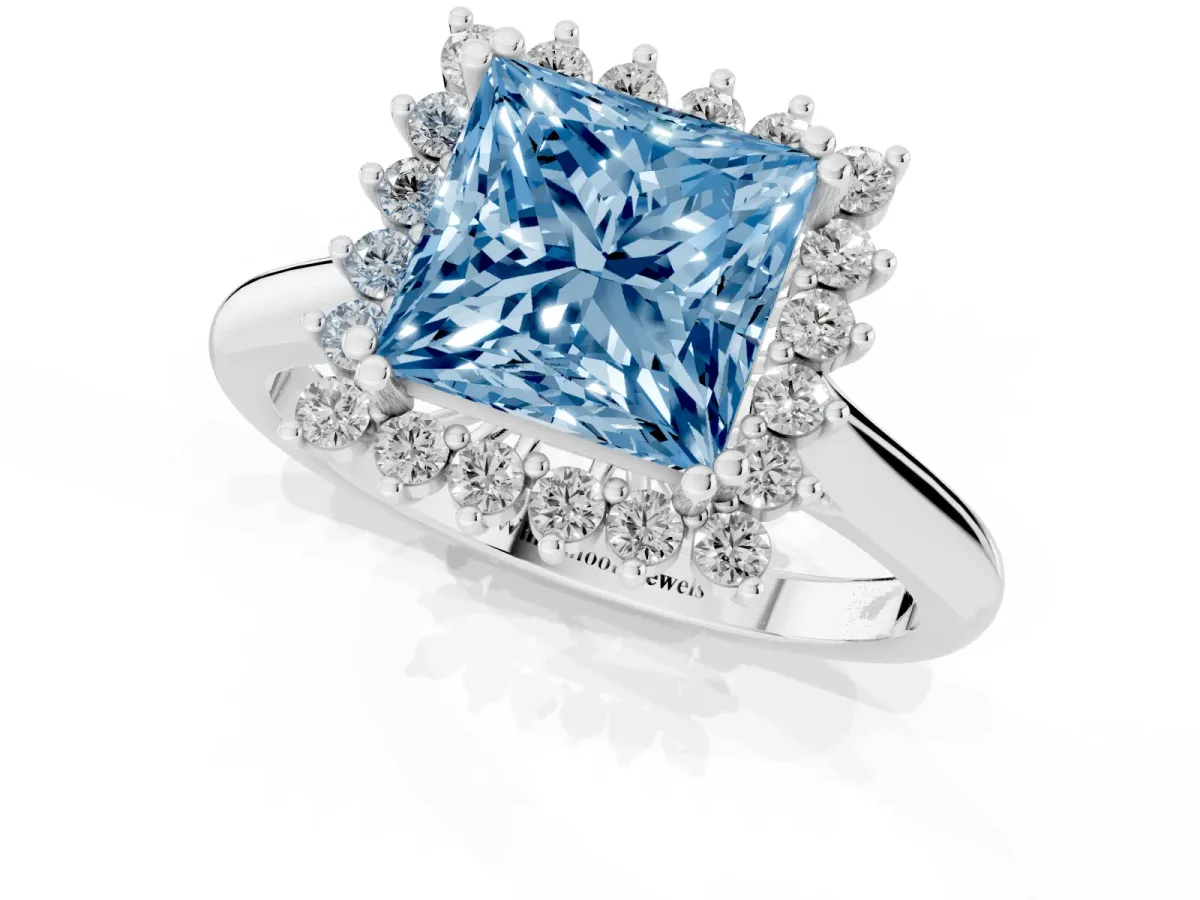 Fancy Blue Princess Cut Cut Diamond Halo Ring with Solitaire Band and Prong Setting White gold