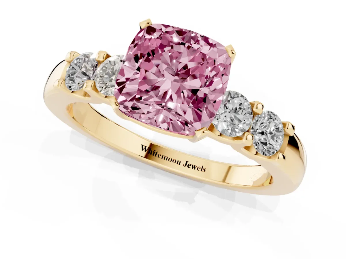 Fancy Pink Cushion Cut Brilliant Cut Diamond Five-Stone Prong Set Engagement Ring with Channel Band Yellow gold