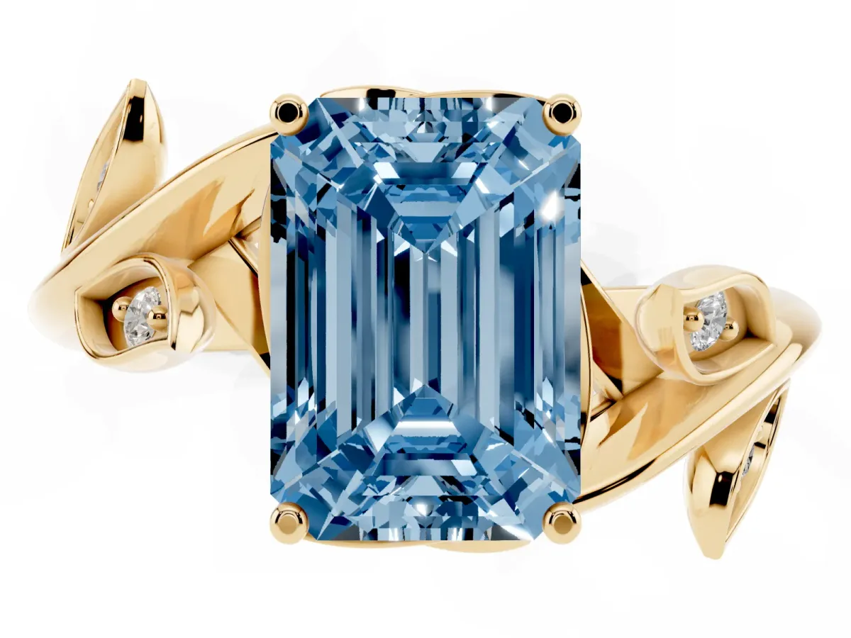 Fancy Blue Emerald Cut Solitaire Twist Engagement Ring with Leaf Accents and Prong Setting Yellow gold