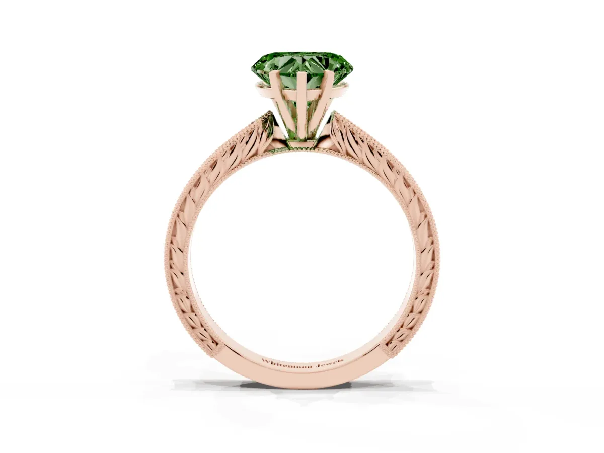 Fancy Green Heart Cut Solitaire Milgrain Engraved Band with Four-Prong Setting Rose gold