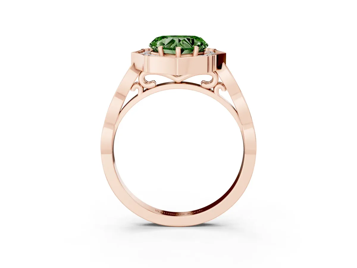 Fancy Green Heart Cut Halo Diamond Engagement Ring with Milgrain Band and Four-Prong Setting Rose gold