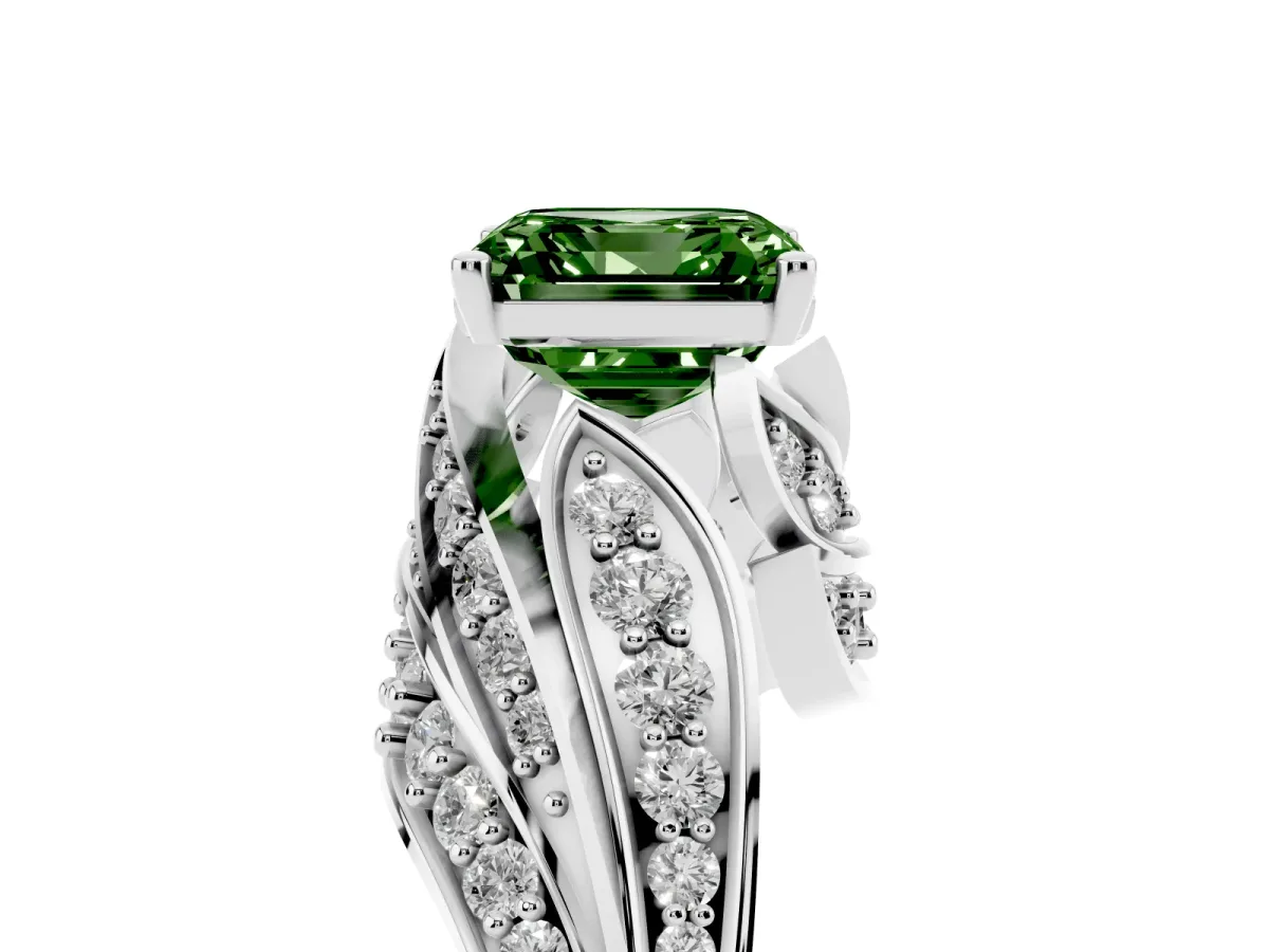 Fancy Green Asscher Cut Diamond Solitaire Ring with Prong Setting and Twisted Pavé Band Silver