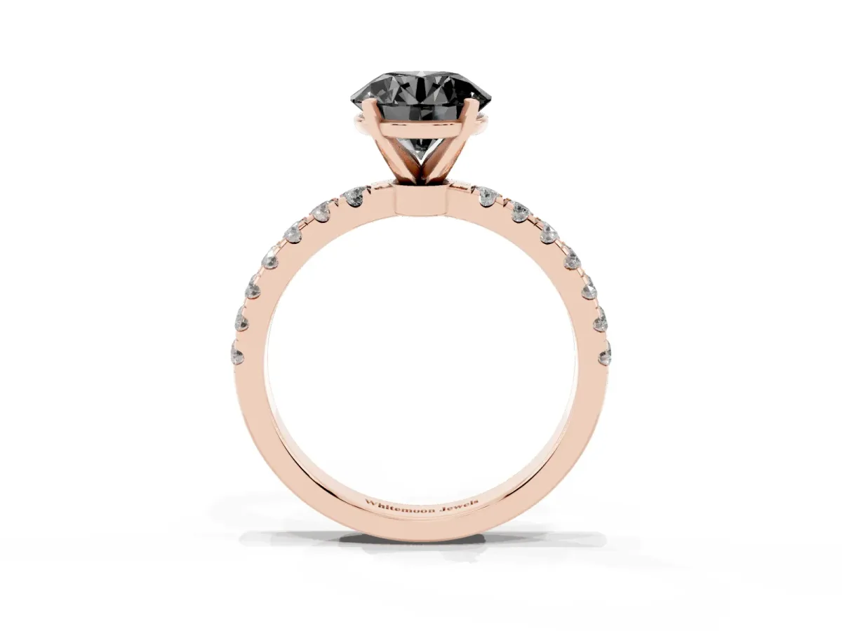 Fancy Black Round Cut Diamond Solitaire Ring with Pavé Accents and Four-Prong Setting Rose gold