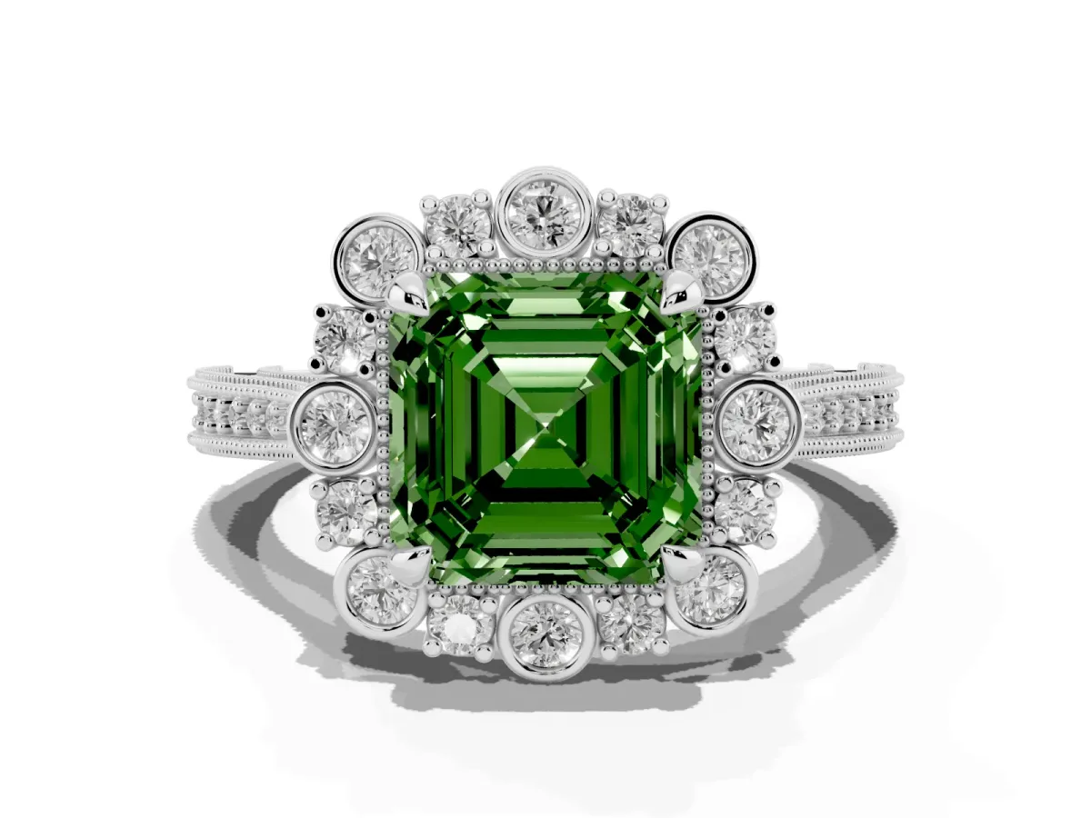 Fancy Green Asscher Cut Halo Milgrain Pave Diamond Ring with Four-Prong Setting Silver