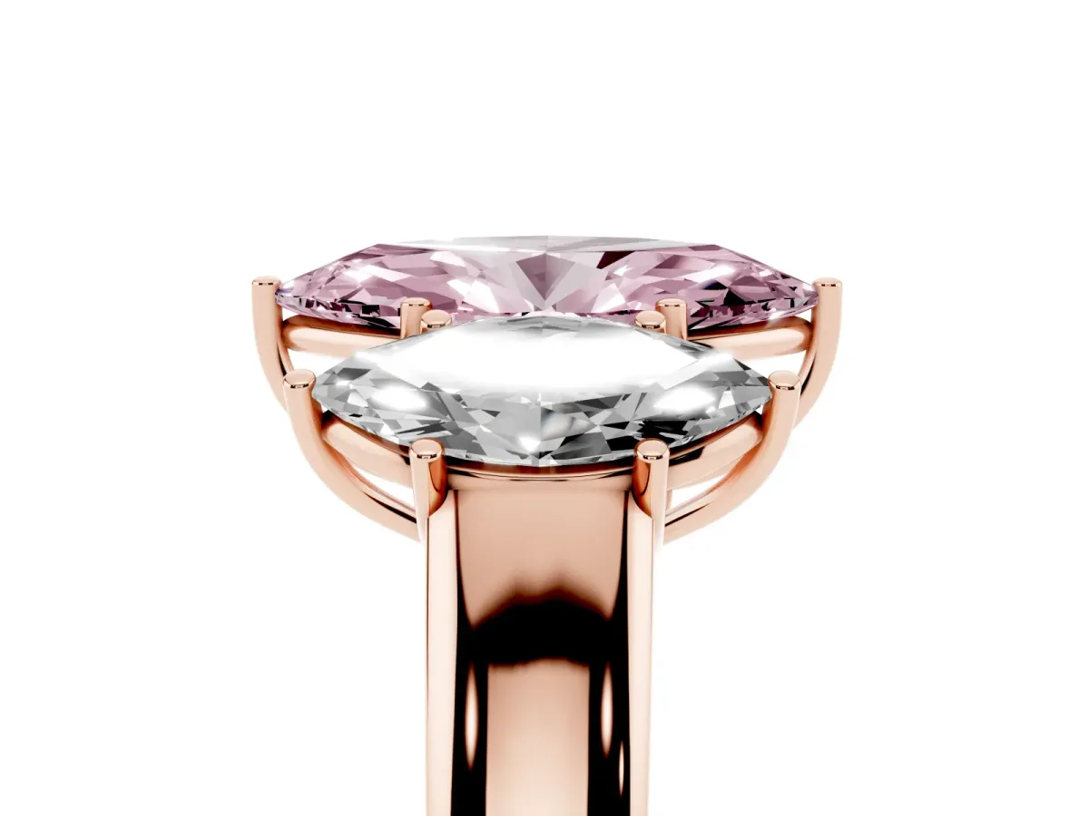 Fancy Pink Three-Stone Marquise Cut Cut Diamond Ring with Prong Setting and Classic Band Rose gold