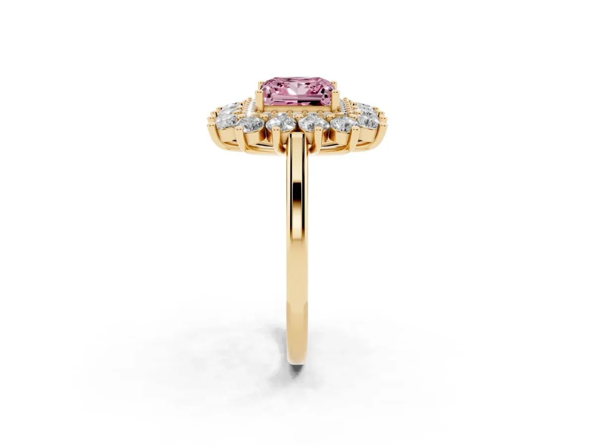 Fancy Pink Princess Cut Diamond Floral Double Halo Engagement Ring with Prong Setting Yellow gold