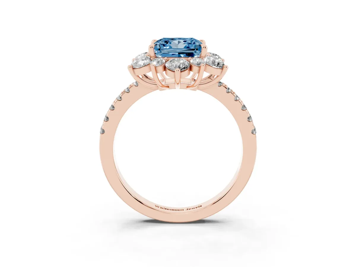 Fancy Blue Princess Cut Diamond Floral Halo Ring with Round Pavé Band and Prong Setting Rose gold