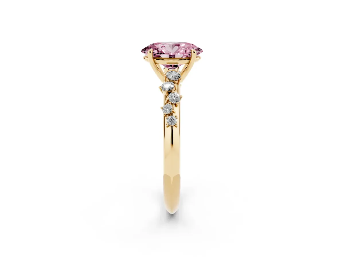 Fancy Pink Oval Cut Diamond Cluster Side Stone Solitaire Ring with Prong Setting Yellow gold