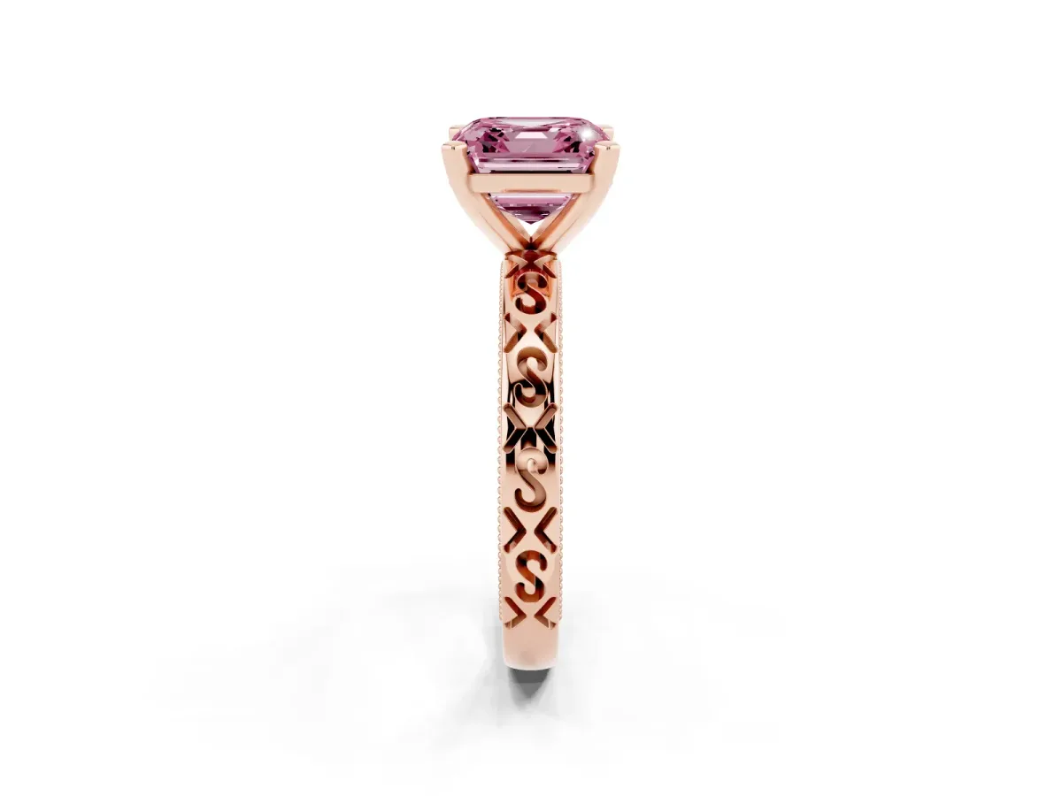 Fancy Pink Asscher Cut Solitaire Engagement Ring with Scrollwork Band and Four-Prong Setting Rose gold