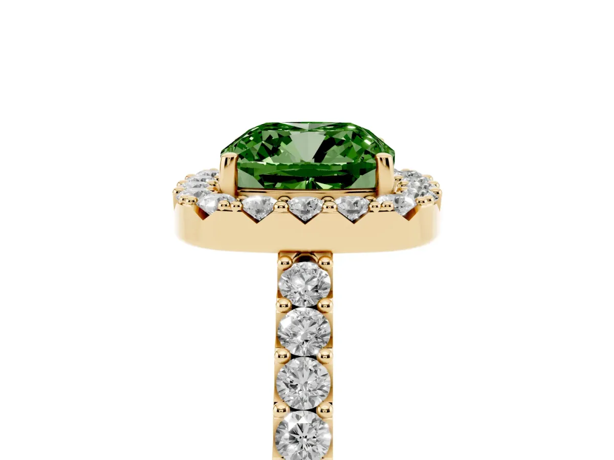 Fancy Green Cushion Cut Halo Diamond Pavé Solitaire Ring Yellow gold