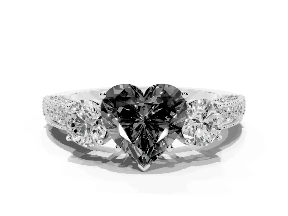 Fancy Black Heart Cut Three-Stone Diamond Ring with Pavé Band and Four-Prong Setting Silver