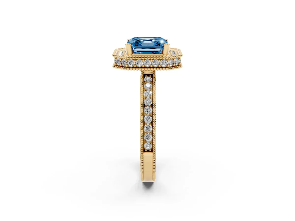 Fancy Blue Asscher Cut Diamond Milgrain Halo Engagement Ring with Round Pavé Band and Prong Setting Yellow gold