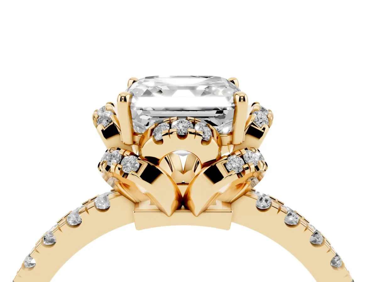 Asscher Cut Diamond Halo Pave Band with Four-Prong Setting Yellow gold