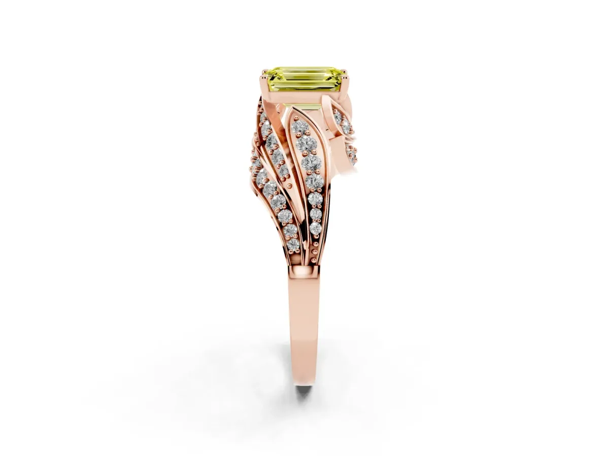 Fancy Yellow Emerald Cut Diamond Solitaire Ring with Prong Setting and Twisted Pavé Band Rose gold