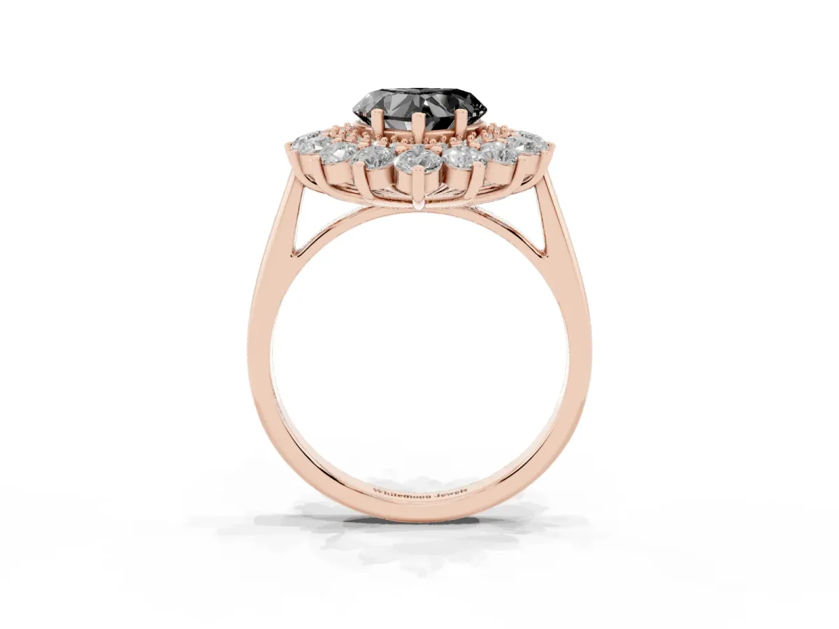 Fancy Black Heart Cut Diamond Floral Double Halo Engagement Ring with Prong Setting Rose gold