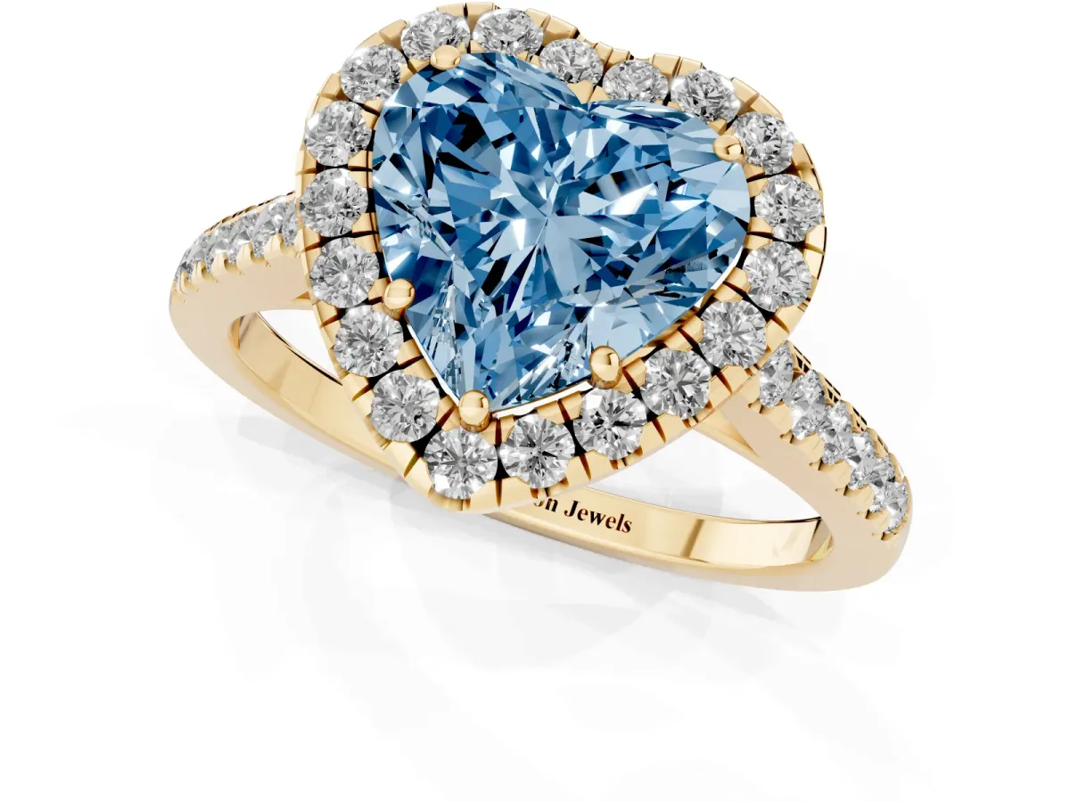 Fancy Blue Heart Cut Halo Pave Diamond Engagement Ring with Four-Prong Setting Yellow gold