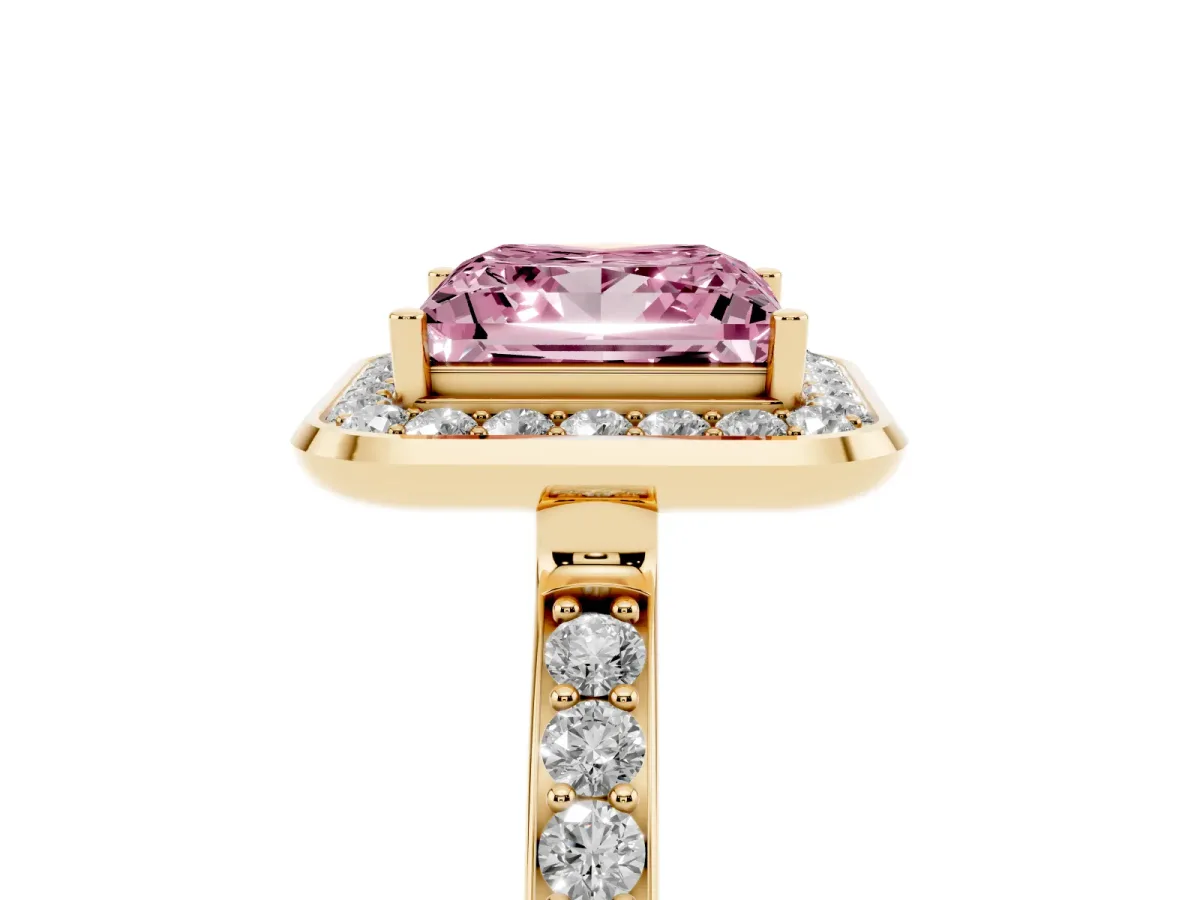 Fancy Pink Princess Cut Diamond Halo Ring with Bezel Frame and Pavé Band Yellow gold
