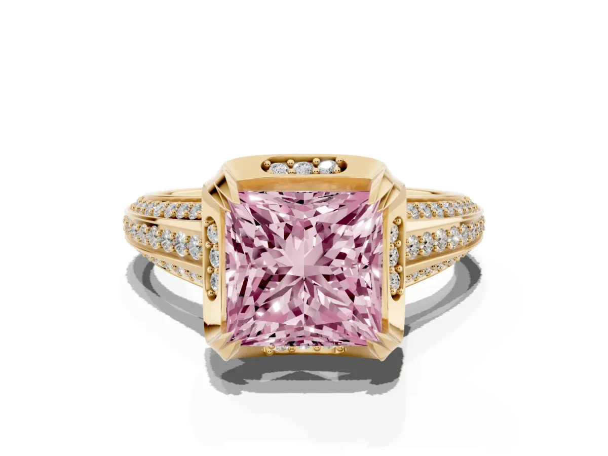 Fancy Pink Princess Cut Solitaire Pave Split Shank Ring with Four-Prong Setting Yellow gold