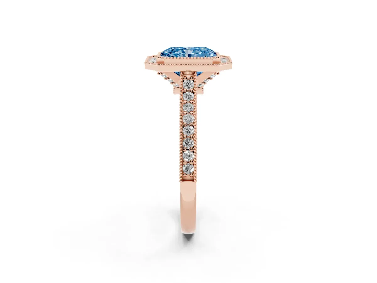 Fancy Blue Halo Radiant Cut-Cut Diamond Pave Band Milgrain Prong Setting Ring Rose gold