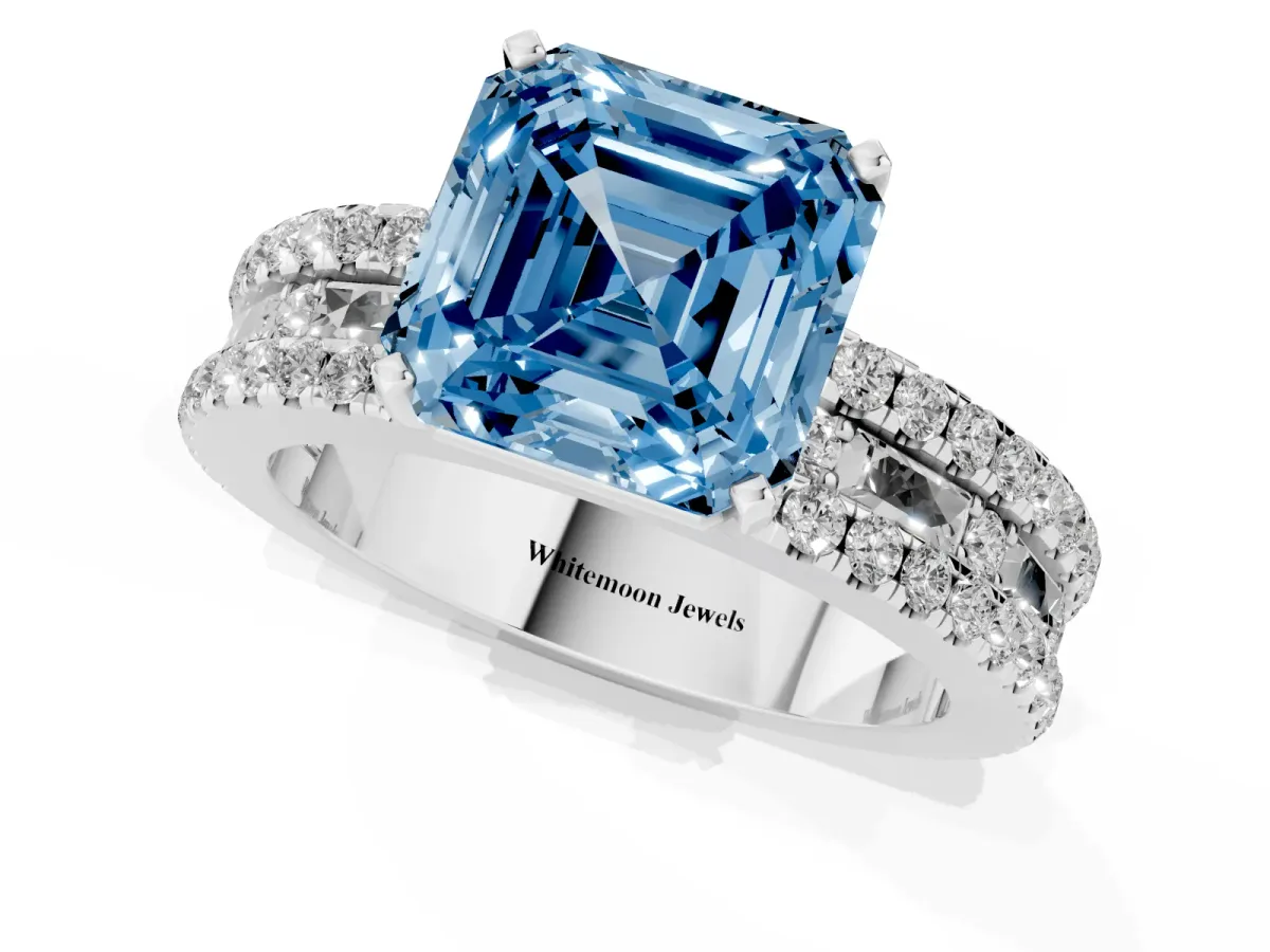 Fancy Blue Asscher Cut Diamond Solitaire Ring with Pavé and Channel Set Band Silver
