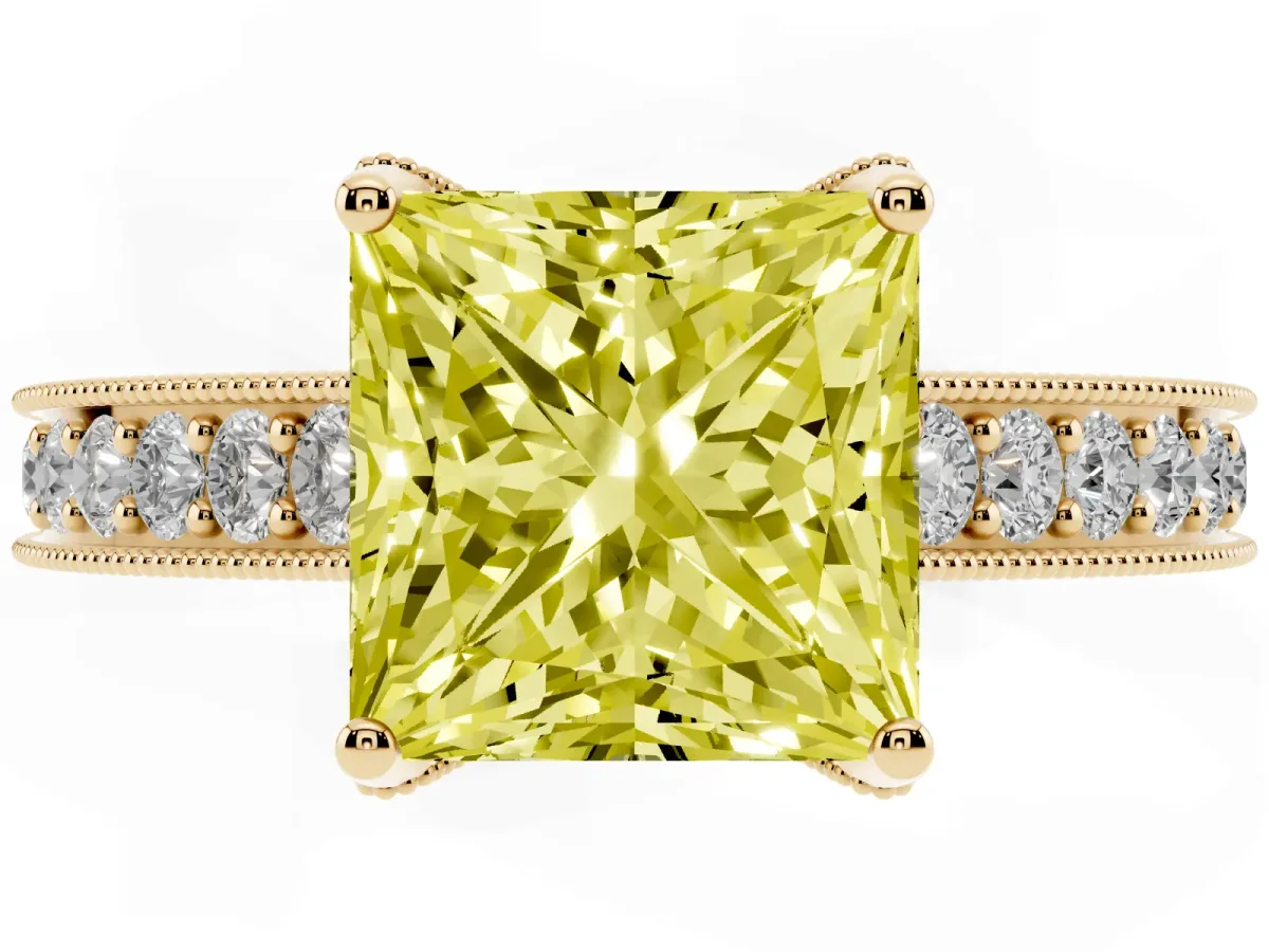 Fancy Yellow Princess Cut Cut Diamond Solitaire Ring with Milgrain Pave Band and Four Prong Setting Yellow gold
