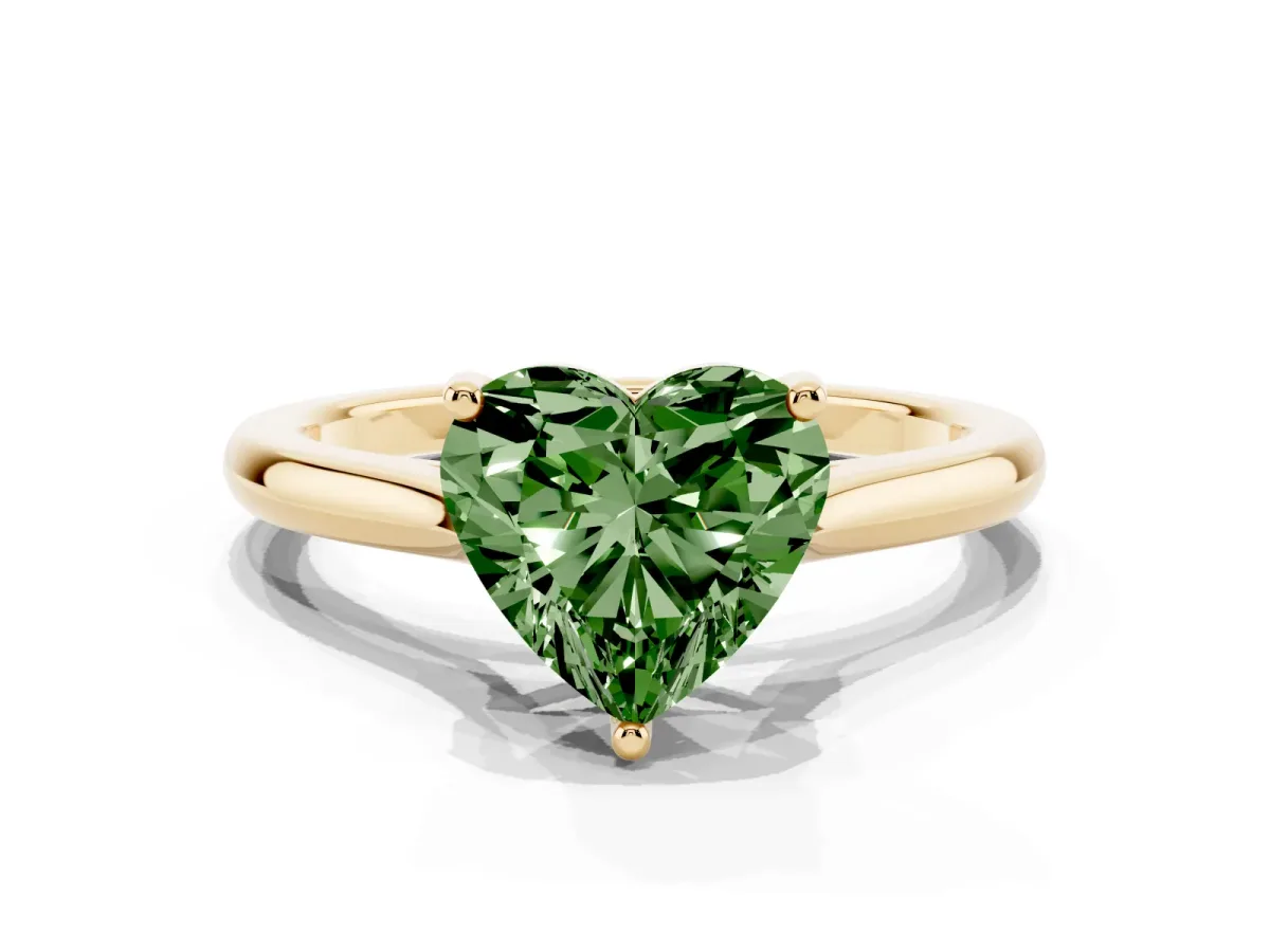 Fancy Green Heart Cut Cut Solitaire Ring with Cathedral Band and Four-Prong Setting Yellow gold