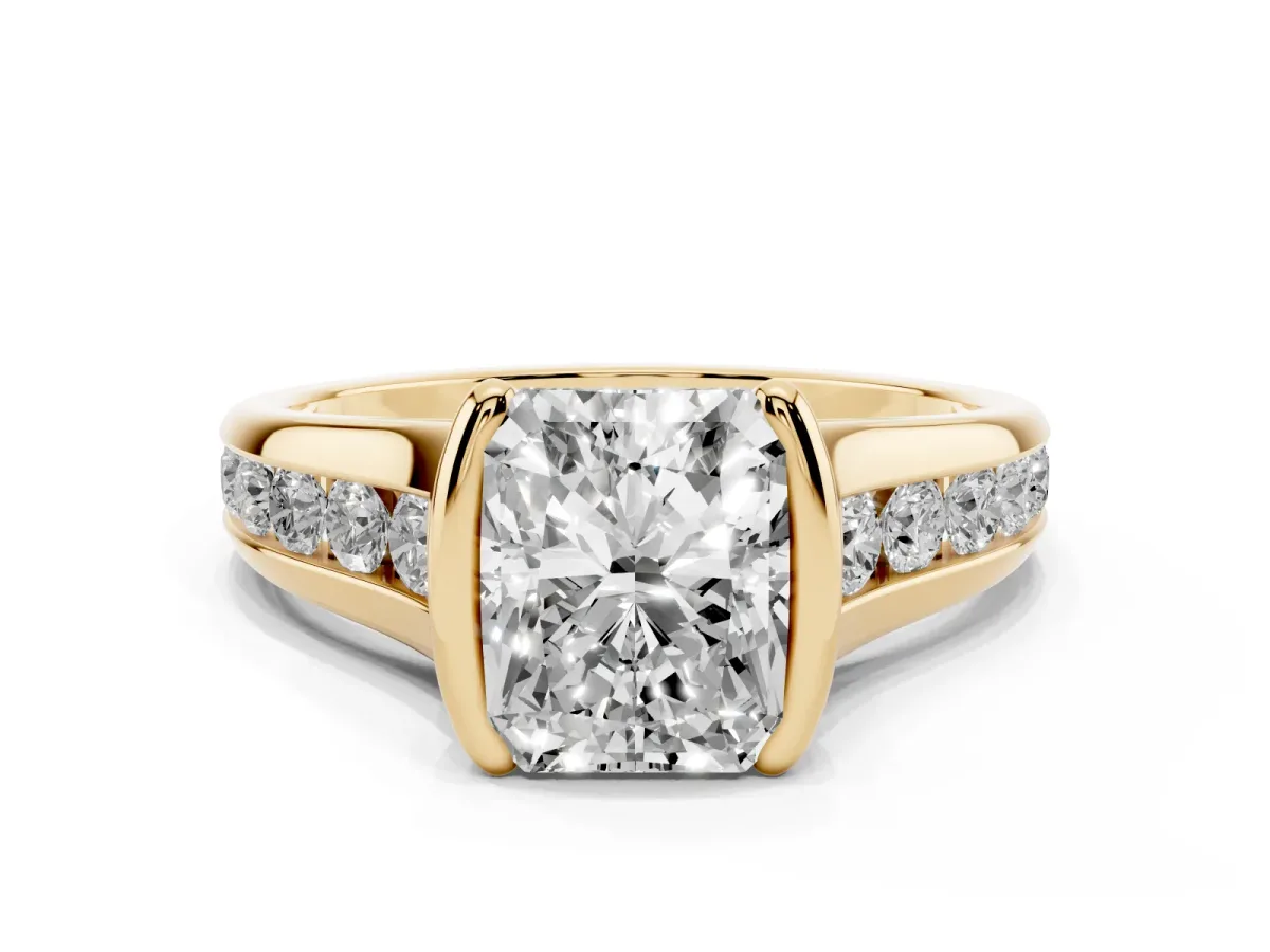 Radiant Cut Solitaire Bezel-Set Diamond Ring with Channel-Set Band Yellow gold