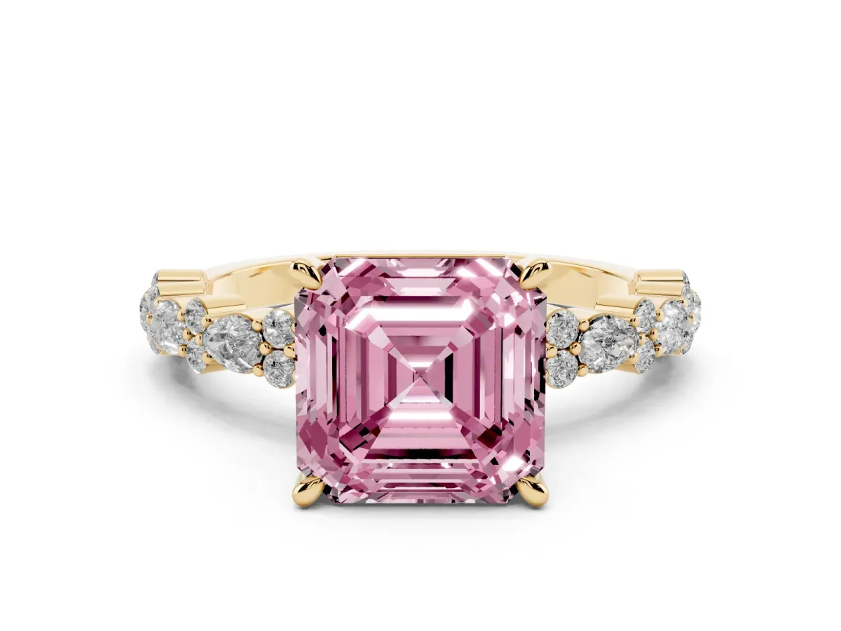 Fancy Pink Asscher Cut Diamond Side Stone Solitaire Ring with Round and Four-Prong Setting Yellow gold
