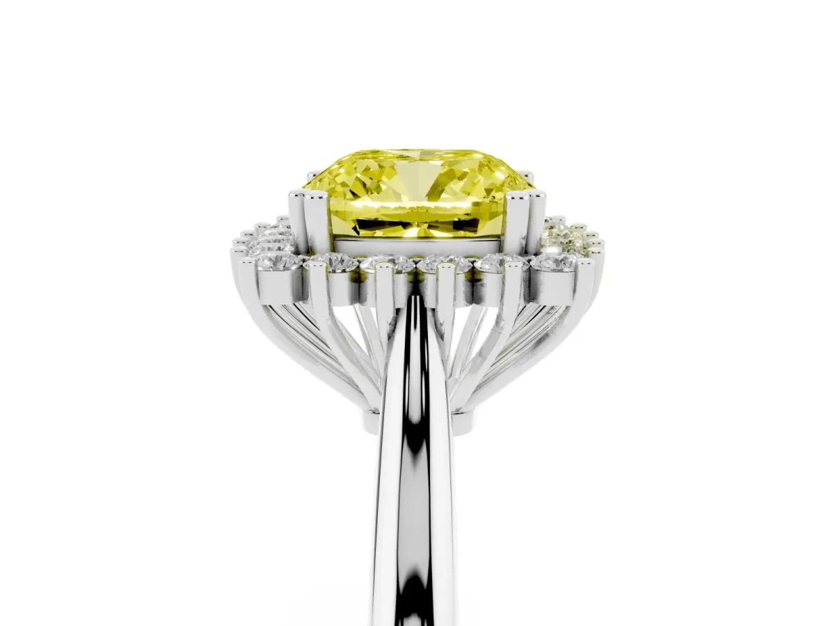Fancy Yellow Cushion Cut Cut Diamond Halo Ring with Solitaire Band and Prong Setting White gold
