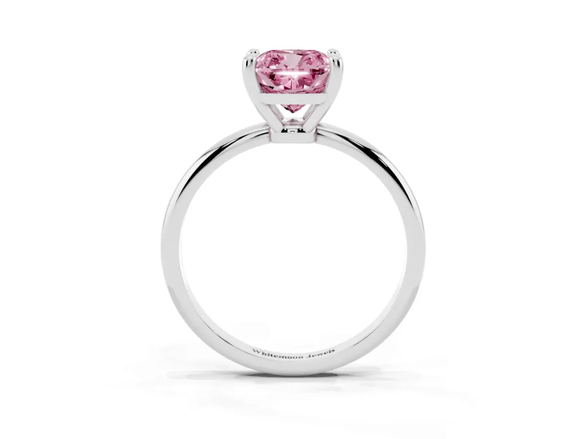 Fancy Pink Cushion Cut Solitaire Diamond Ring with 4-Prong Setting on a Classic Band Silver