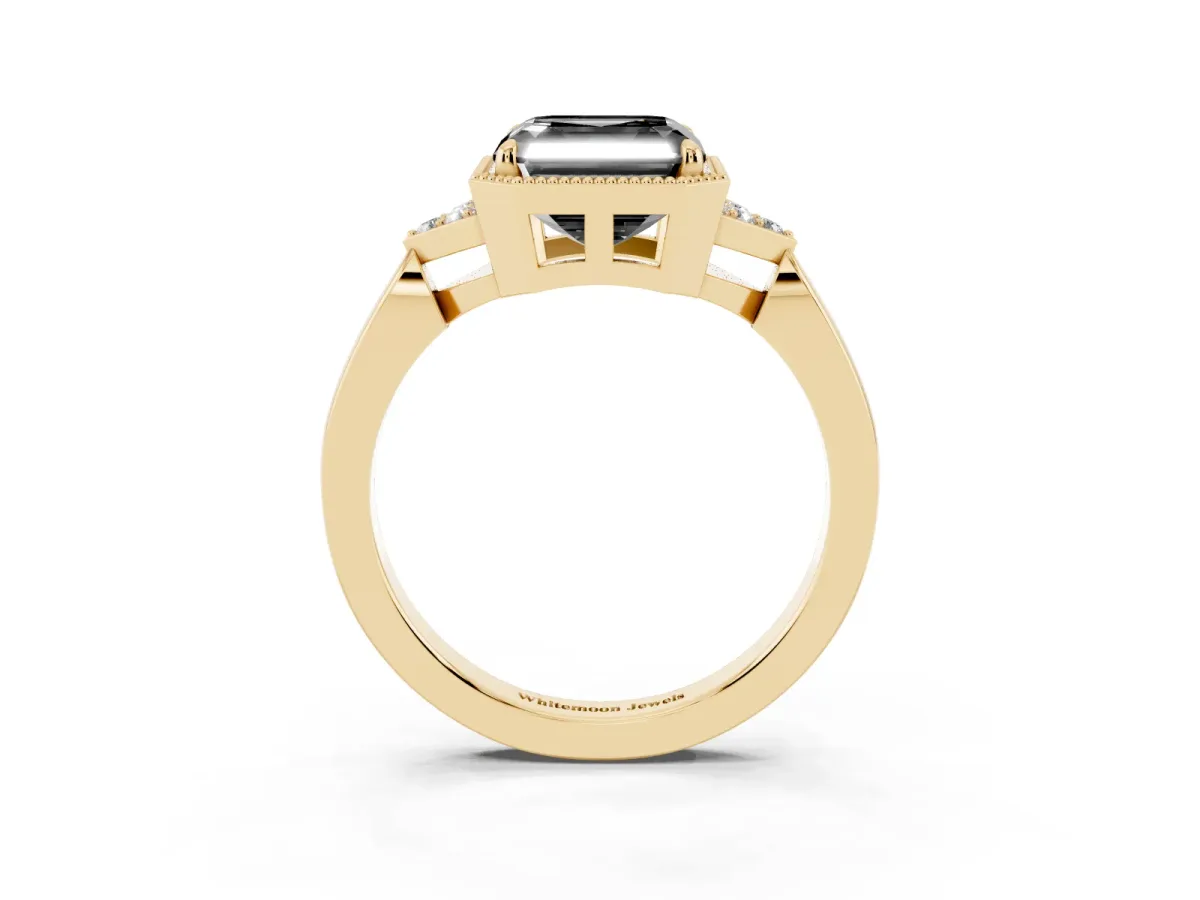 Fancy Black Hexagonal Halo Asscher Cut Diamond Solitaire with Pavé Band and Four-Prong Setting Yellow gold