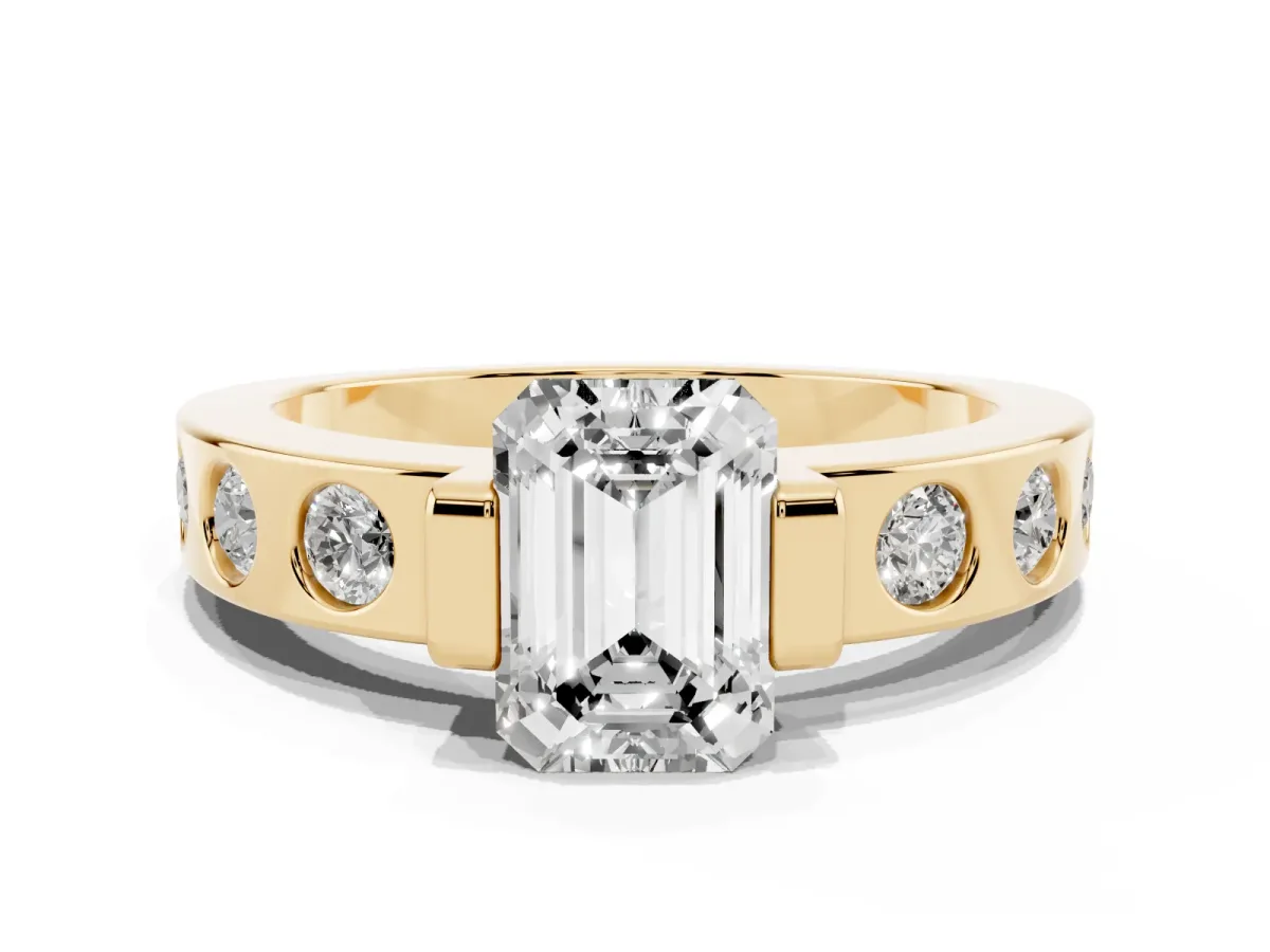 Emerald Cut Brilliant Channel-Set Diamond Ring with Bezel Prong Setting Yellow gold