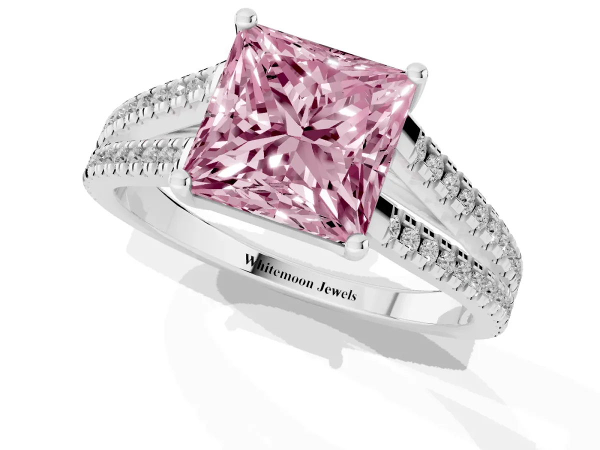 Fancy Pink Princess Cut Diamond Solitaire Engagement Ring with Split Shank Pavé Band Silver
