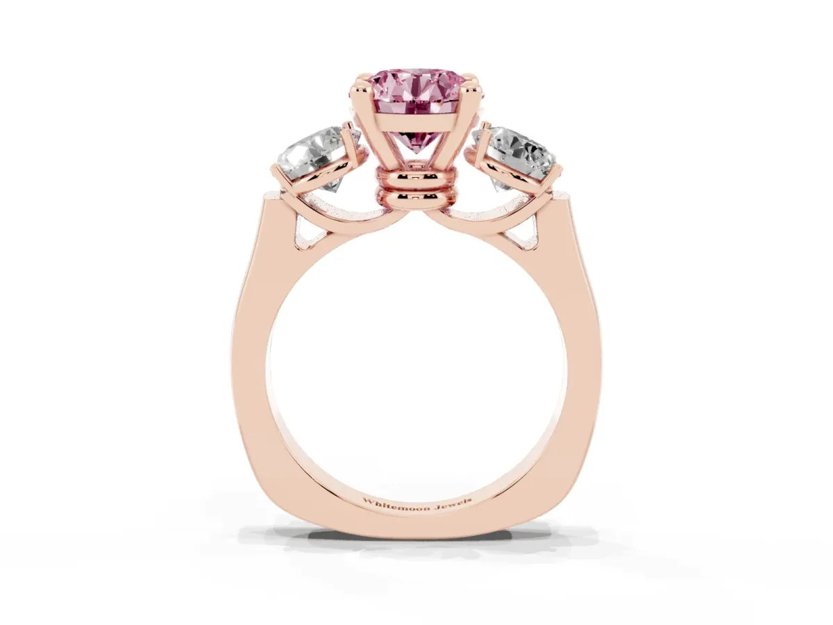 Fancy Pink Three-Stone Round Cut Brilliant Diamond Trellis Ring with Comfort Fit Band Rose gold