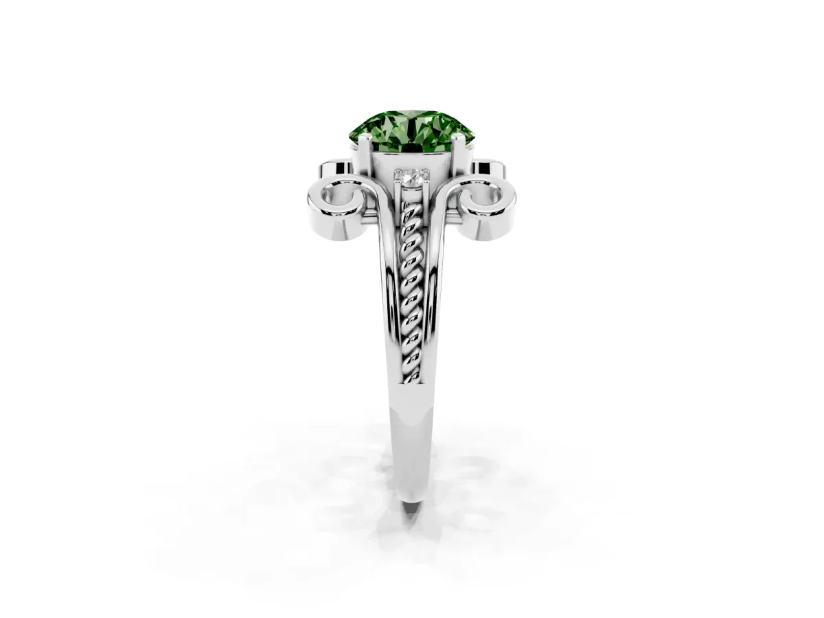 Fancy Green Round Cut Solitaire Twisted Band Scroll Prong Ring Silver