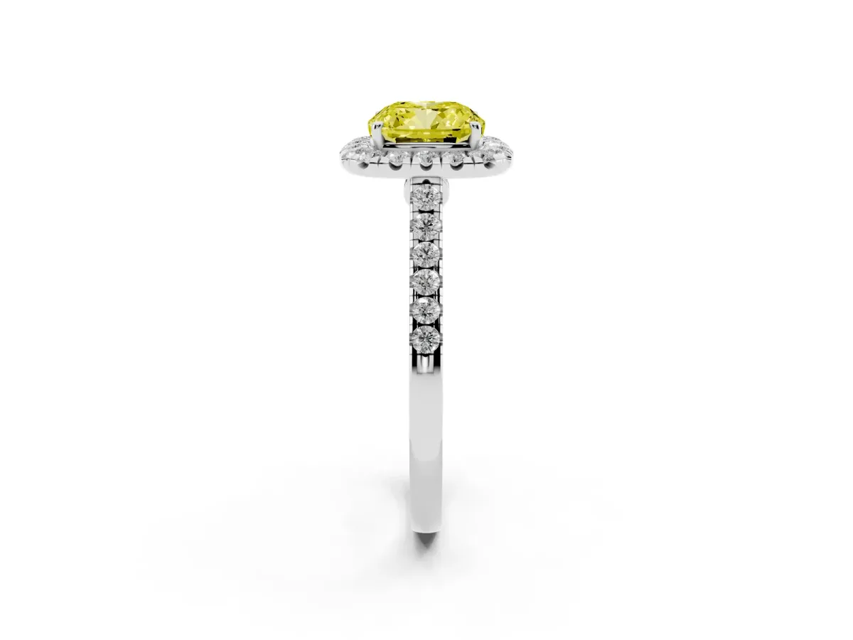 Fancy Yellow Cushion Cut Halo Pave Diamond Engagement Ring with Four-Prong Setting White gold
