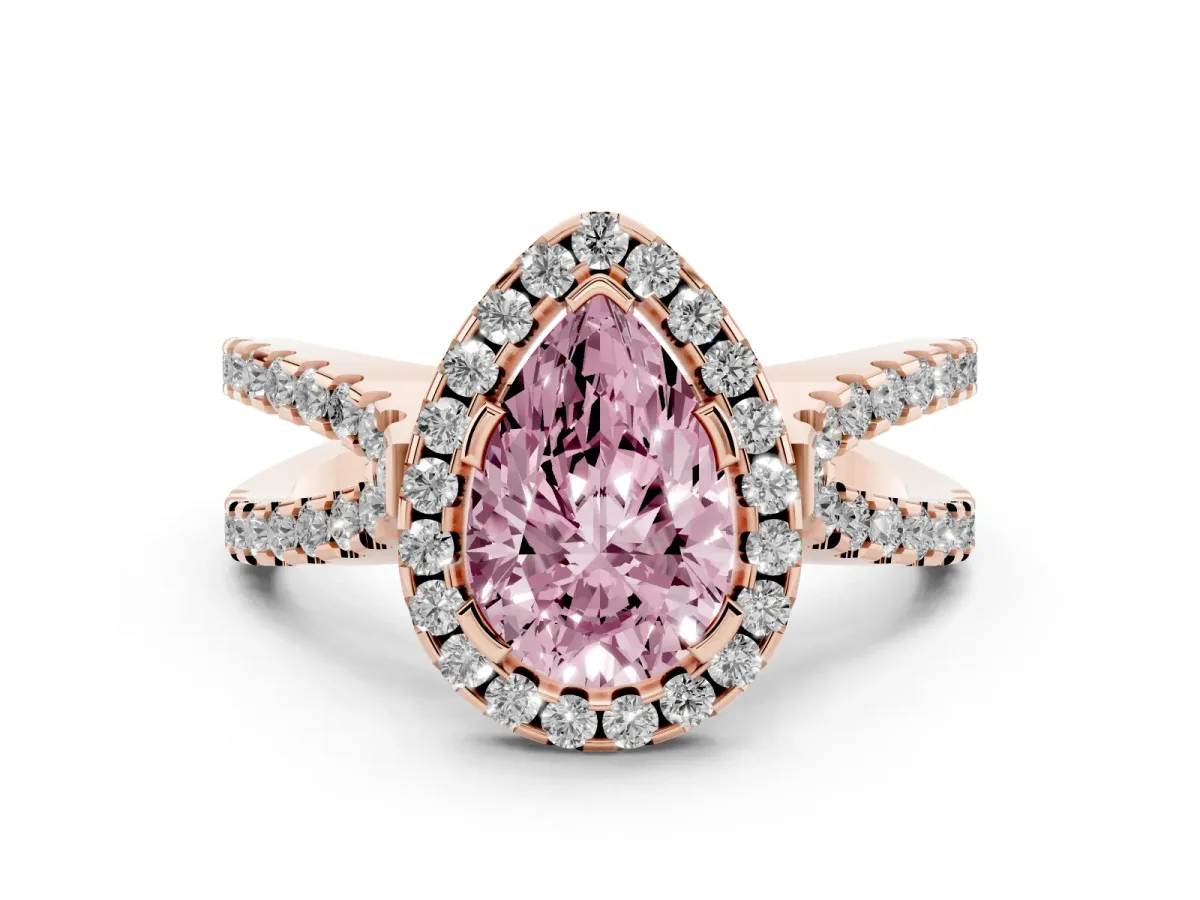 Fancy Pink Pear Cut Diamond Halo Ring with Split Shank Pavé Band and Prong Setting Rose gold