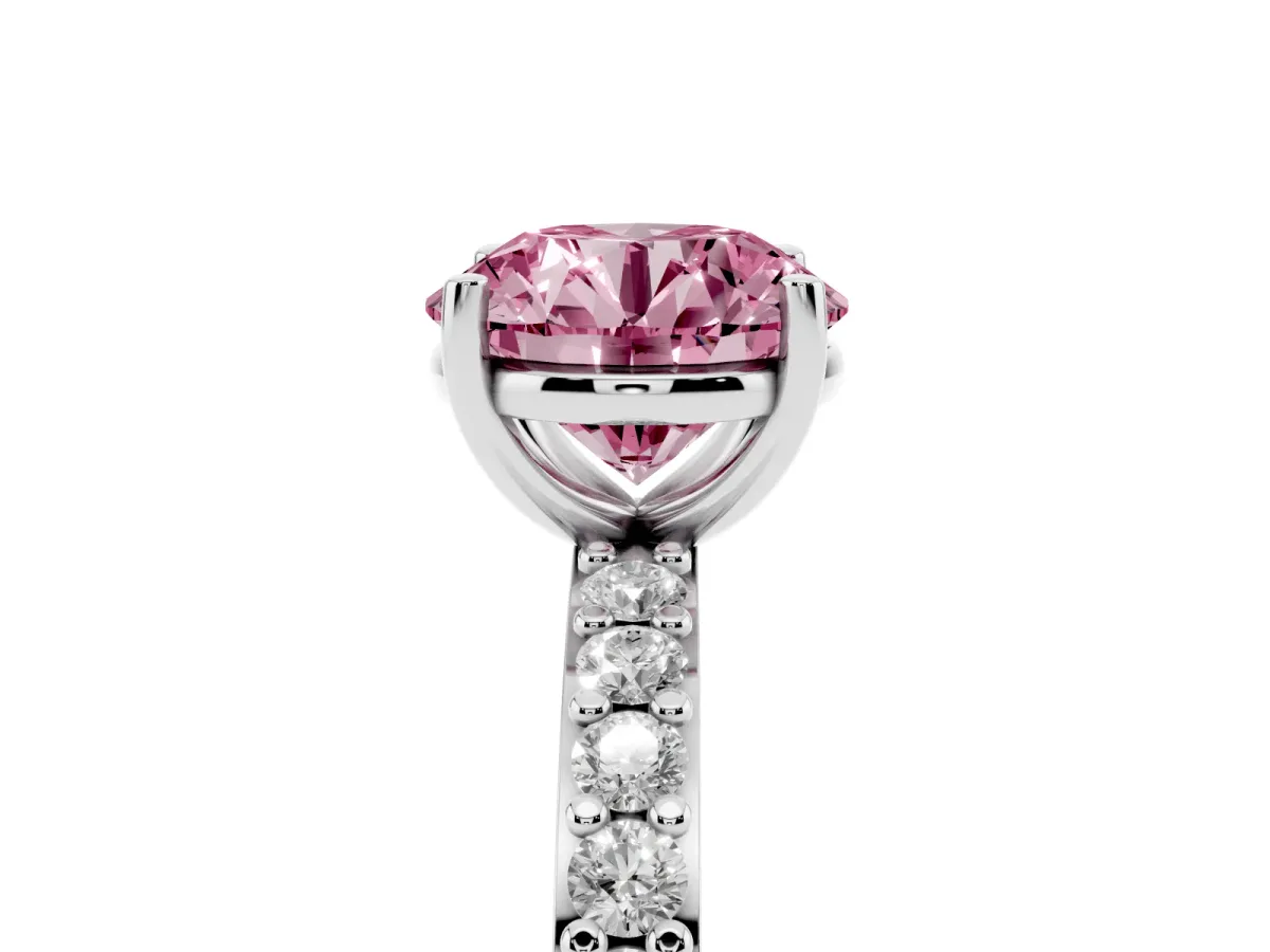 Fancy Pink Round Cut Cut Diamond Solitaire with Pave Band and Four-Prong Setting Silver
