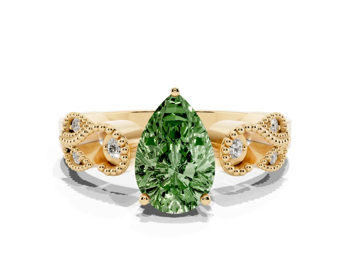 Fancy Green Pear Cut Solitaire Milgrain Leaf Band with Prong Setting Yellow gold