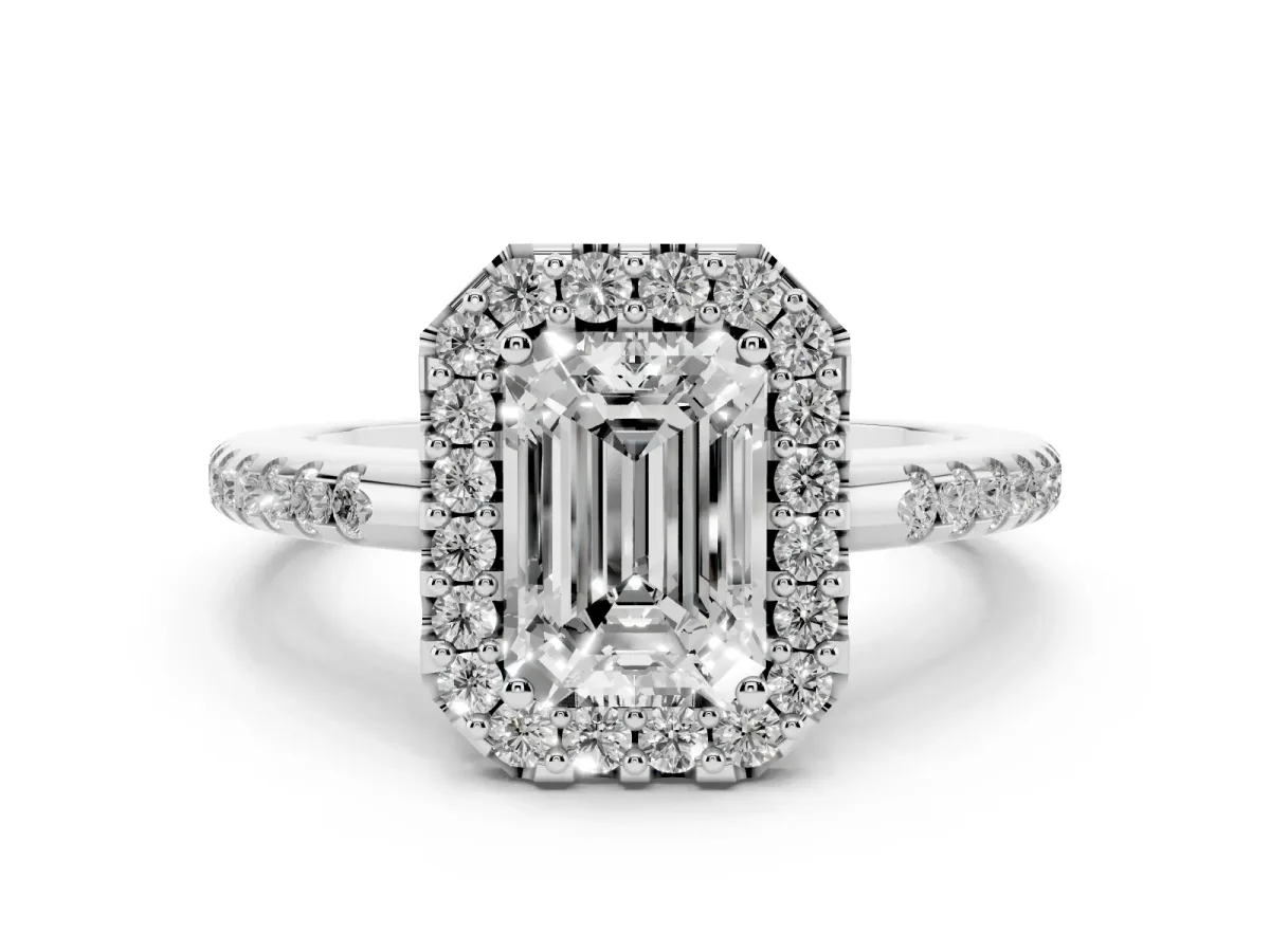 Emerald Cut Diamond Pavé Halo Ring with Four-Prong Setting Silver