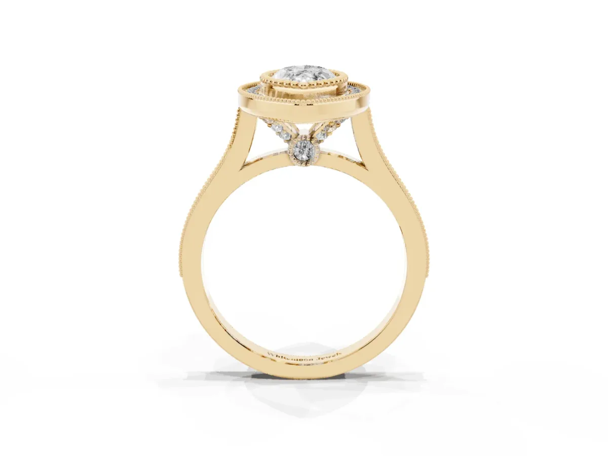Marquise Cut Diamond Halo Ring with Milgrain Frame and Pavé Band Yellow gold