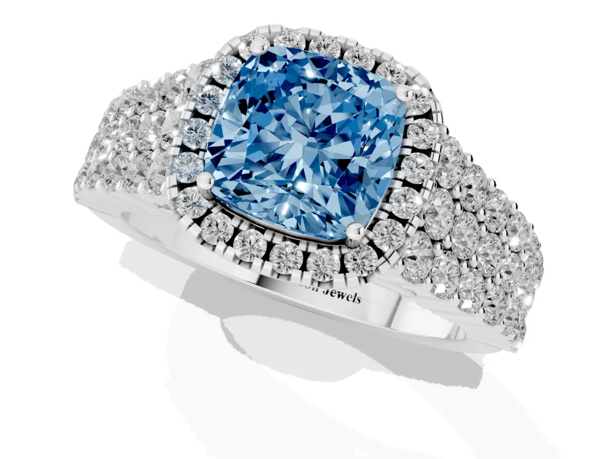 Fancy Blue Cushion Cut Diamond Halo Engagement Ring with Triple Row Round Pavé Band and Prong Setting Silver