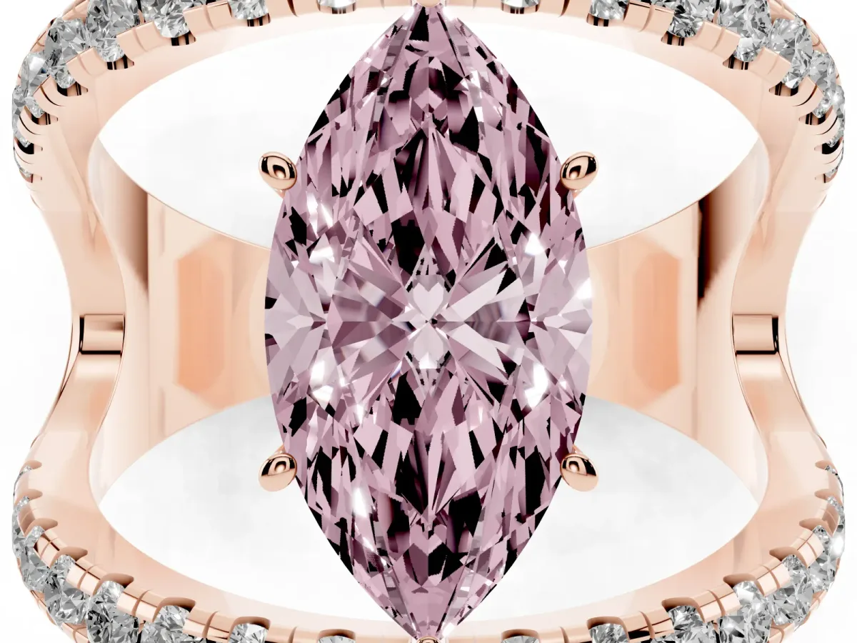 Fancy Pink Marquise Cut Solitaire Split Shank Pave Diamond Ring Rose gold