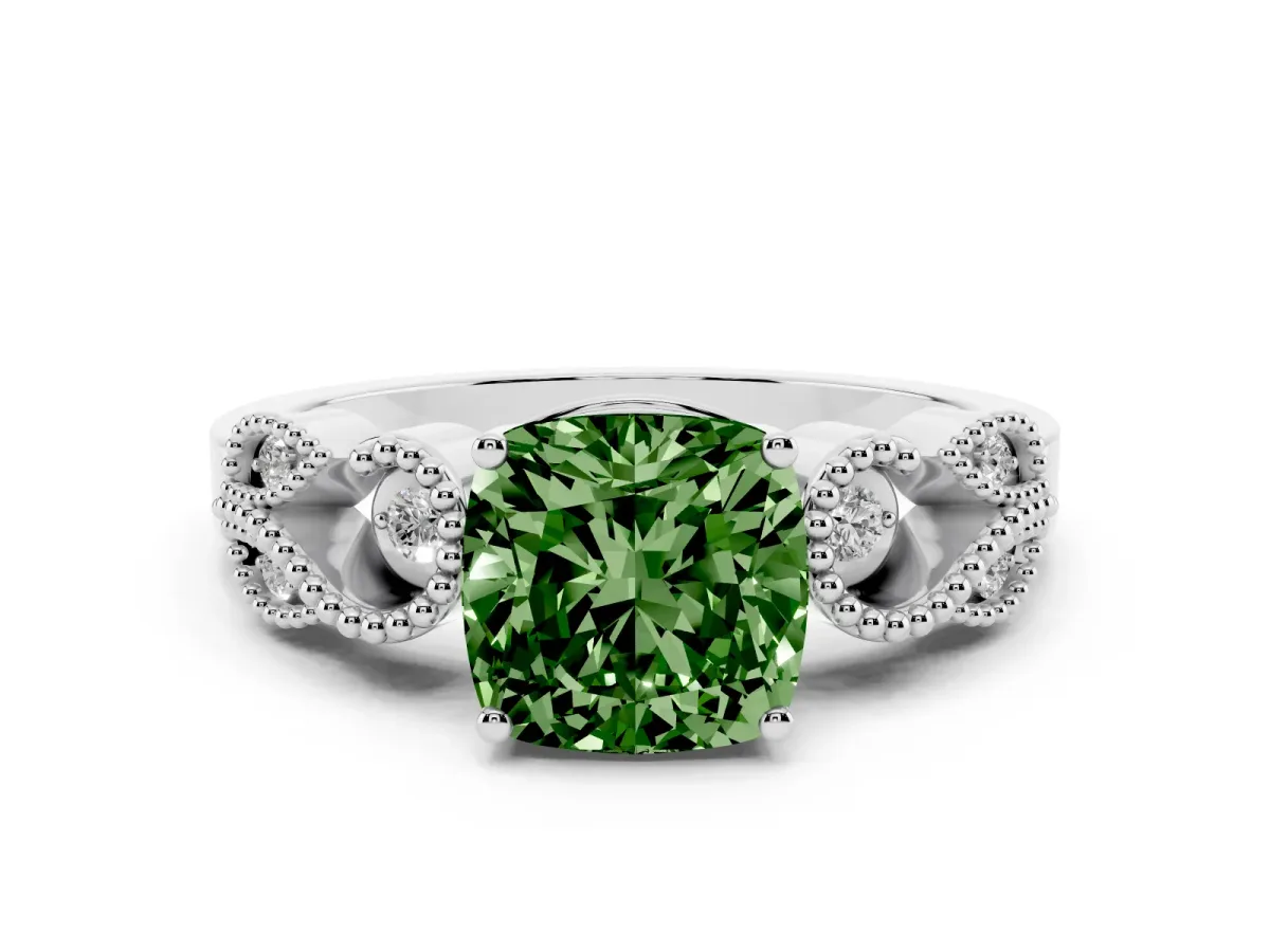 Fancy Green Cushion Cut Solitaire Milgrain Leaf Band with Prong Setting Silver