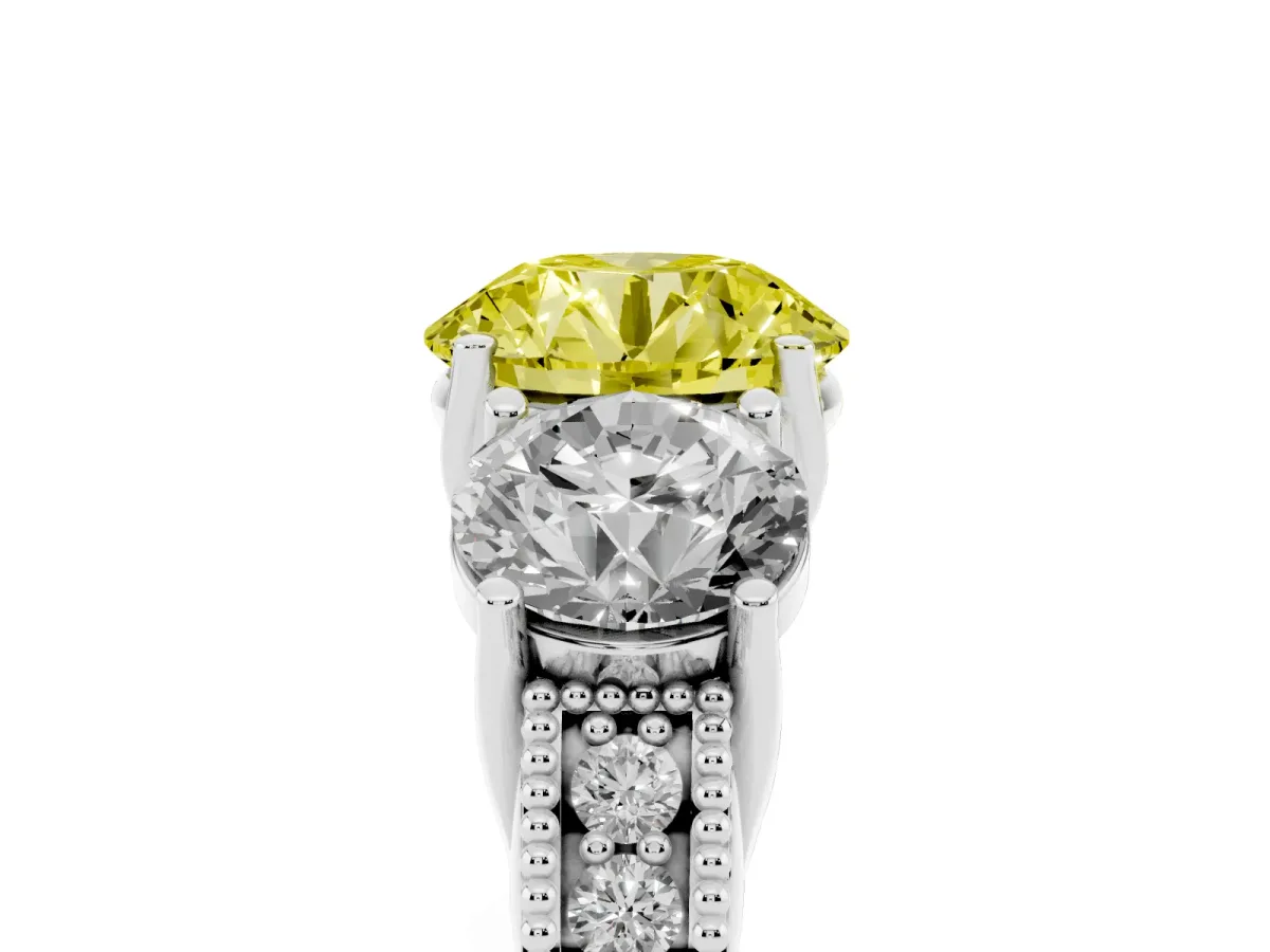 Fancy Yellow Three-Stone Round Cut Cut Milgrain Pavé Engagement Ring White gold