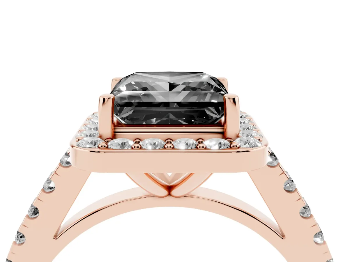 Fancy Black Princess Cut Diamond Halo Ring with Round Pavé Split Shank and Prong Setting Rose gold