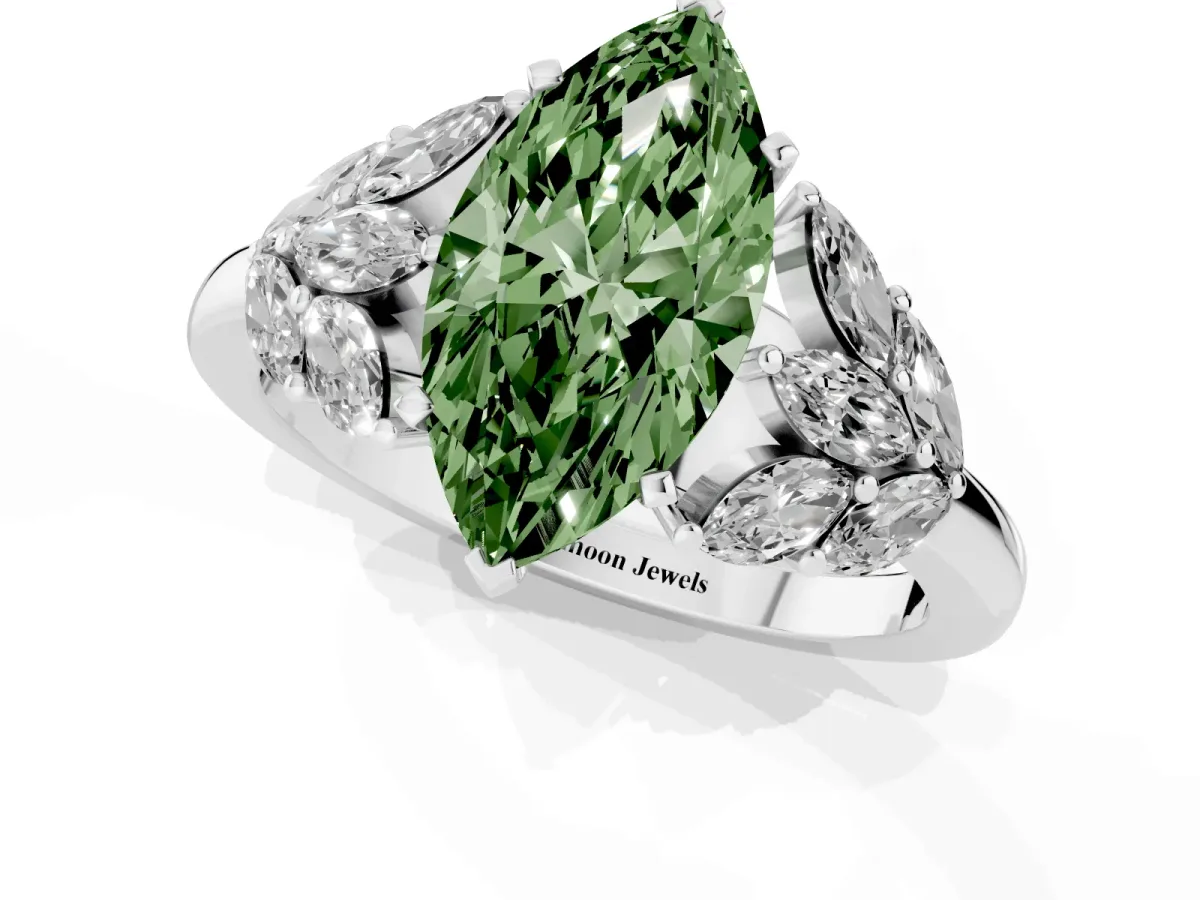Fancy Green Marquise Cut Diamond Cluster Leaf Design Ring with Prong Setting Silver